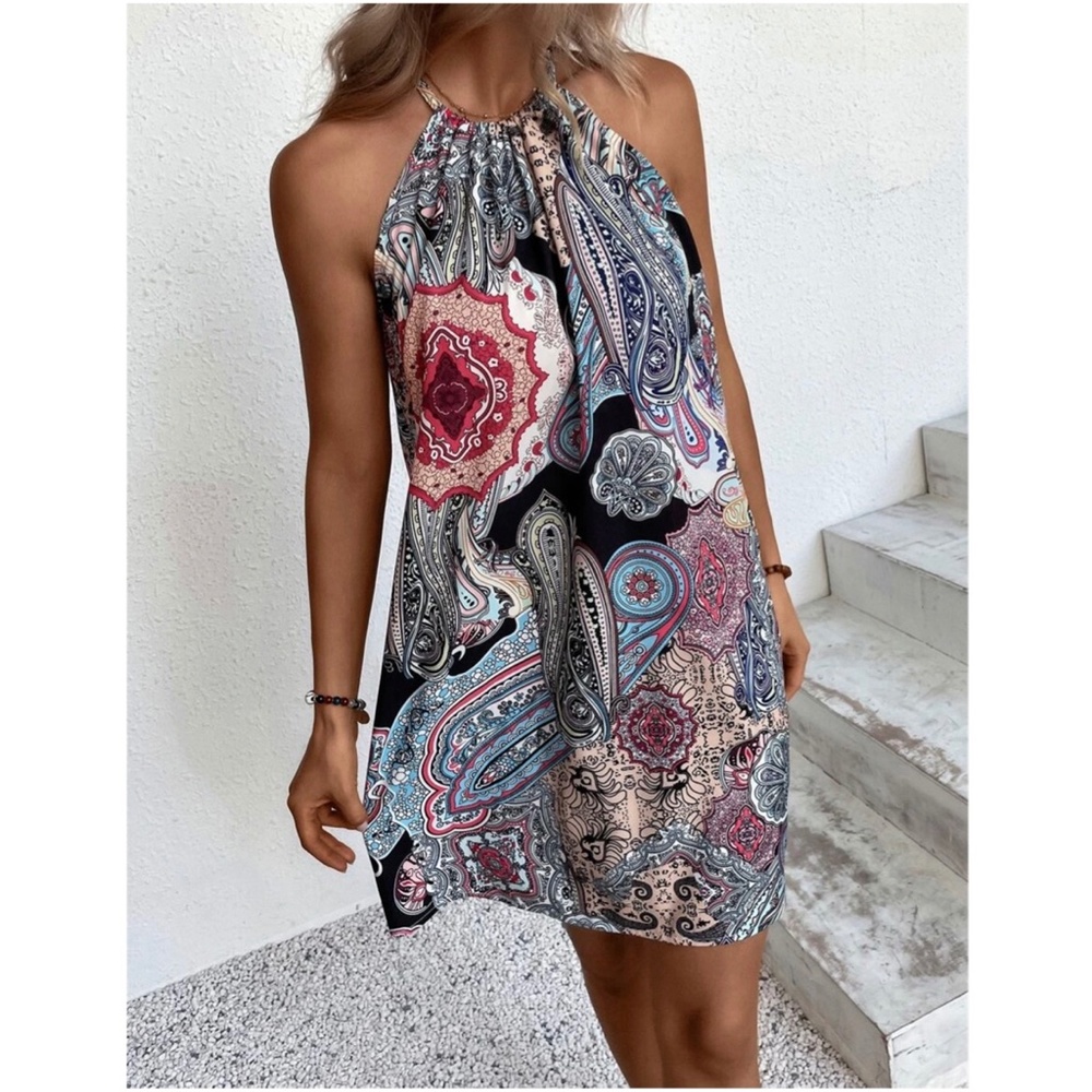 Boho Floral Paisley Halter Mini Dress - Picture 11 of 13